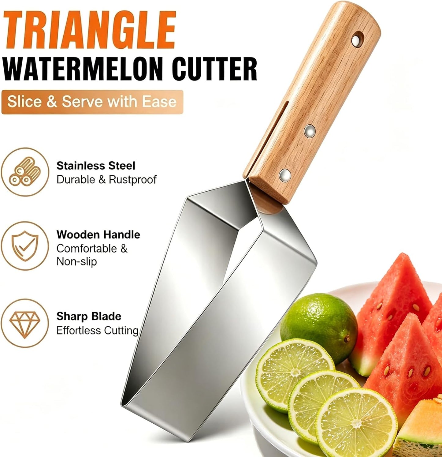 2026 New Fruit Cutter and Watermelon Slicer, Heavy Duty Triangle Watermelon Cutter with Solid Wood Handle, Multi-Fruit Slicer for Cantaloupe, Honeydew, Essential Kitchen Gadget for BBQ (1)
