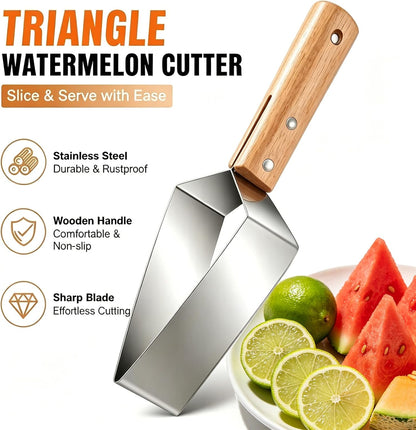 2026 New Fruit Cutter and Watermelon Slicer, Heavy Duty Triangle Watermelon Cutter with Solid Wood Handle, Multi-Fruit Slicer for Cantaloupe, Honeydew, Essential Kitchen Gadget for BBQ (1)