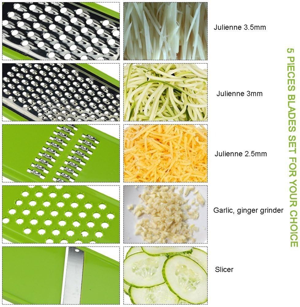 Mandoline Slicer Vegetable Potato Slicer Grater Cutter Chopper, HaetFire Julienne Slices and Shreds Fruits and Vegetables Chopper, Food Container, Safety Food Holder, 5 Interchangeable Sharp Blades