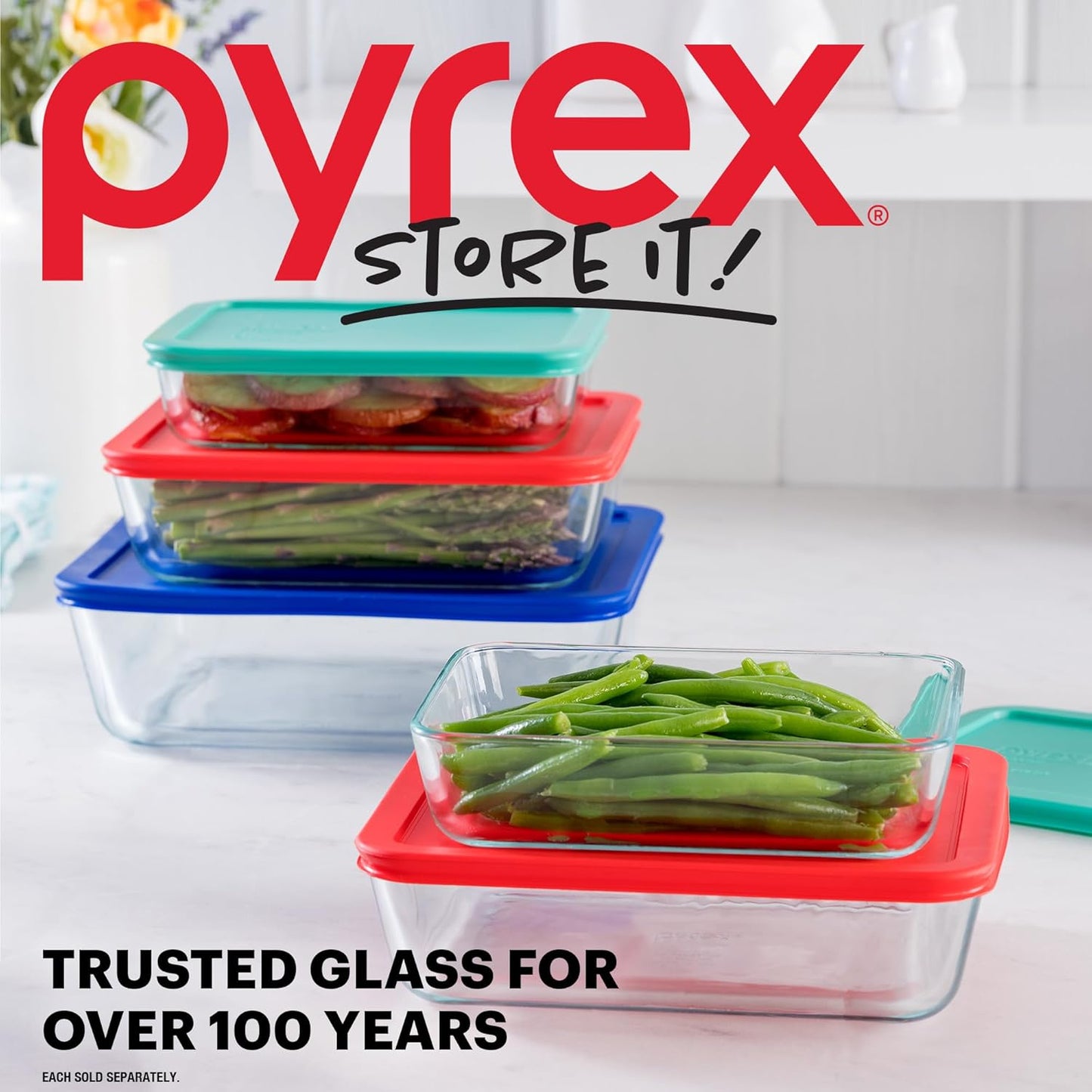 Pyrex Simply Store Glass Food Storage Container, Snug Fit Non-Toxic Plastic BPA-Free Lids, Freezer Dishwasher Microwave Safe, 11 Cup