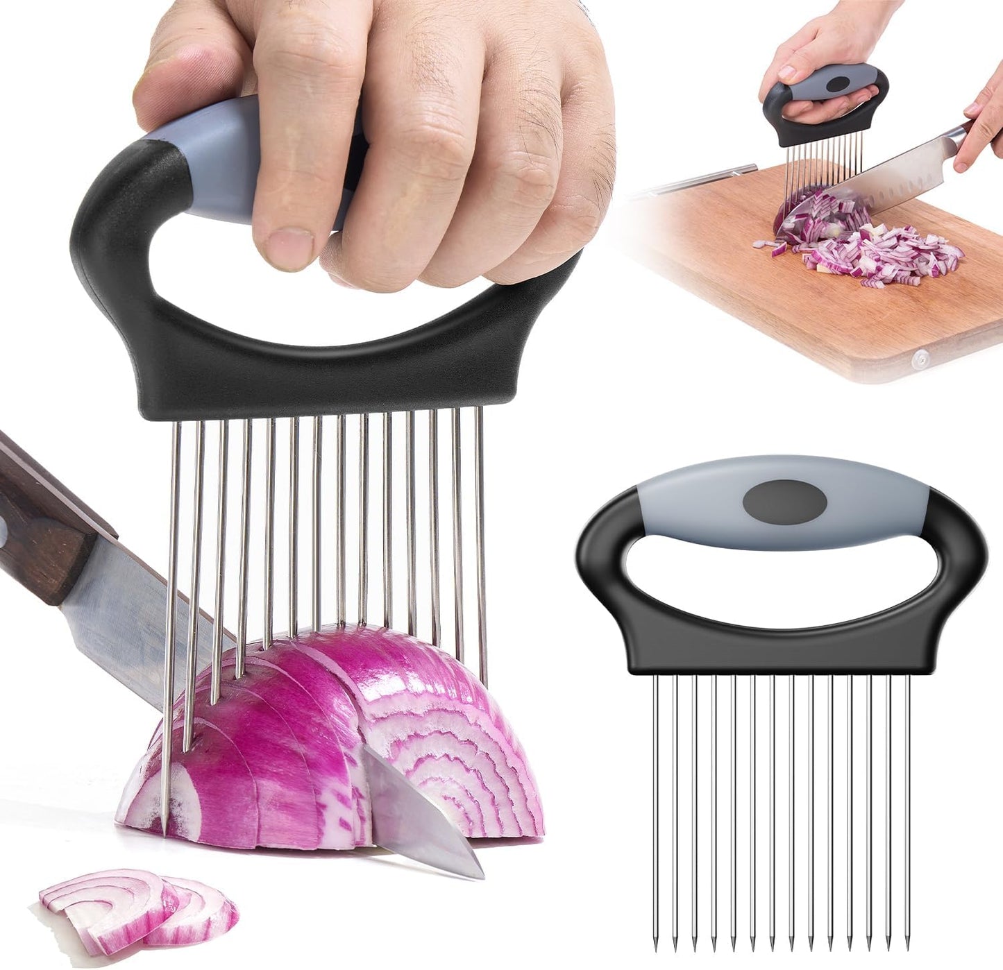 Large Onion Slicer Holder, Stainless Steel Onion Holder for Slicing, Onion Cutter Vegetable Chopper with 14 Sharp Needles for Slicing of Tomato Avocados & Meat Tenderizer, Kitchen Gadgets for Cooking