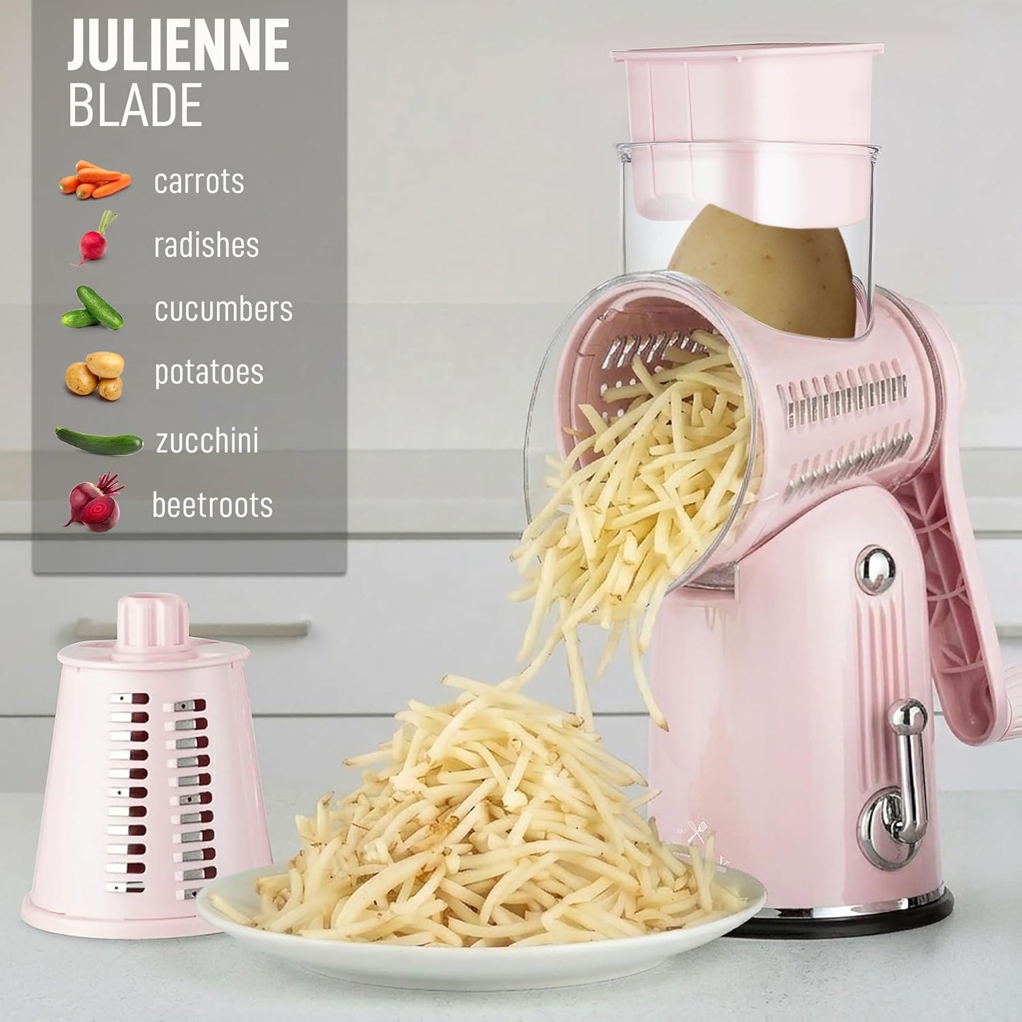 Zulay Kitchen Rotary Cheese Grater 5 Blade Cheese Shredder - Manual Hand Crank Cheese Grater With Reinforced Suction & 5 Interchangeable Drums - Easy to Use, Vegetable Chopper Round Mandoline Slicer - Colors A