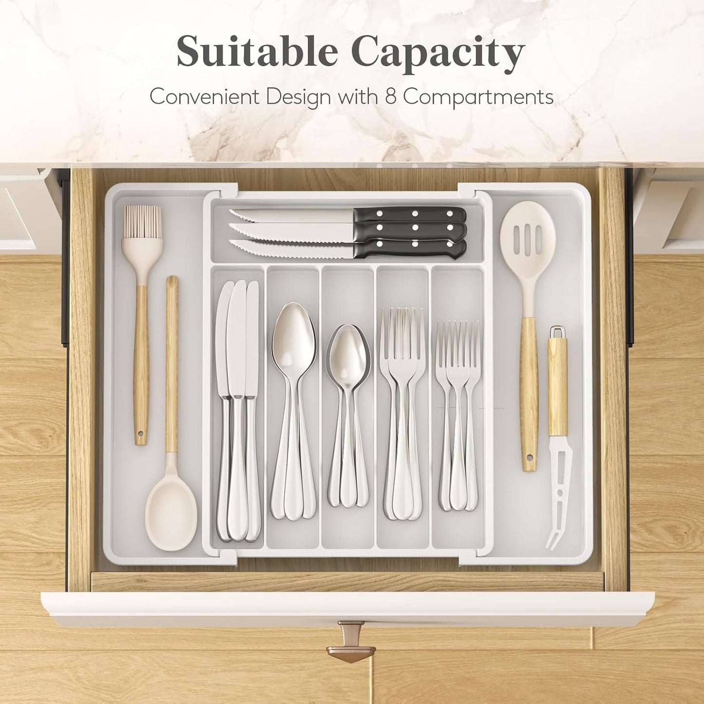 Lifewit Silverware Drawer Organizer, Expandable Utensil Tray for Kitchen, BPA Free Flatware and Cutlery Holder, Adjustable Plastic Storage for Spoons Forks Knives, 11-18 x 14", Black
