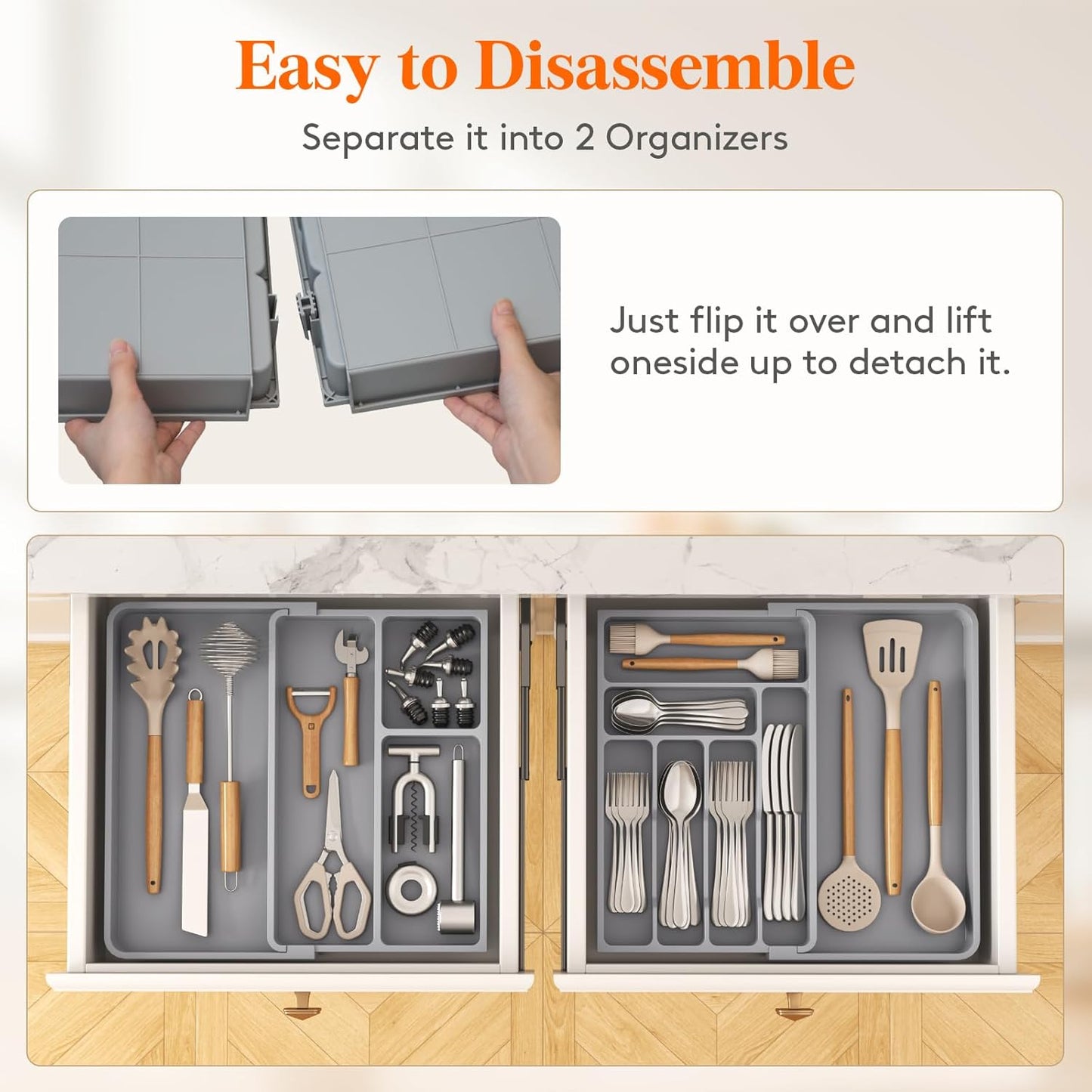 Lifewit Utensil Organizer for Kitchen Drawer, Expandable Cooking Silverware Tray, Adjustable Cutlery Flatware Holder, Plastic Spatula Tools Storage Divider, 14.4 x 15.8", Black