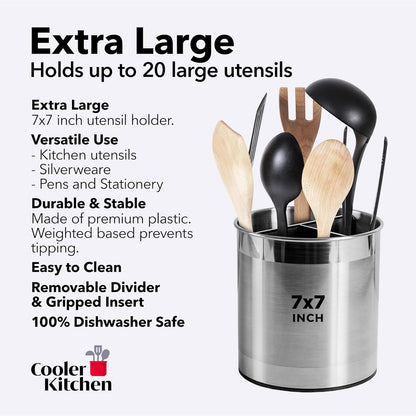 Cooler Kitchen Jumbo Extra Large Sturdy Rotating Black Utensil Holder Caddy with No-Tip Weighted Base, and Gripped Insert - Rust Proof and Dishwasher Safe Kitchen Utensils Holder