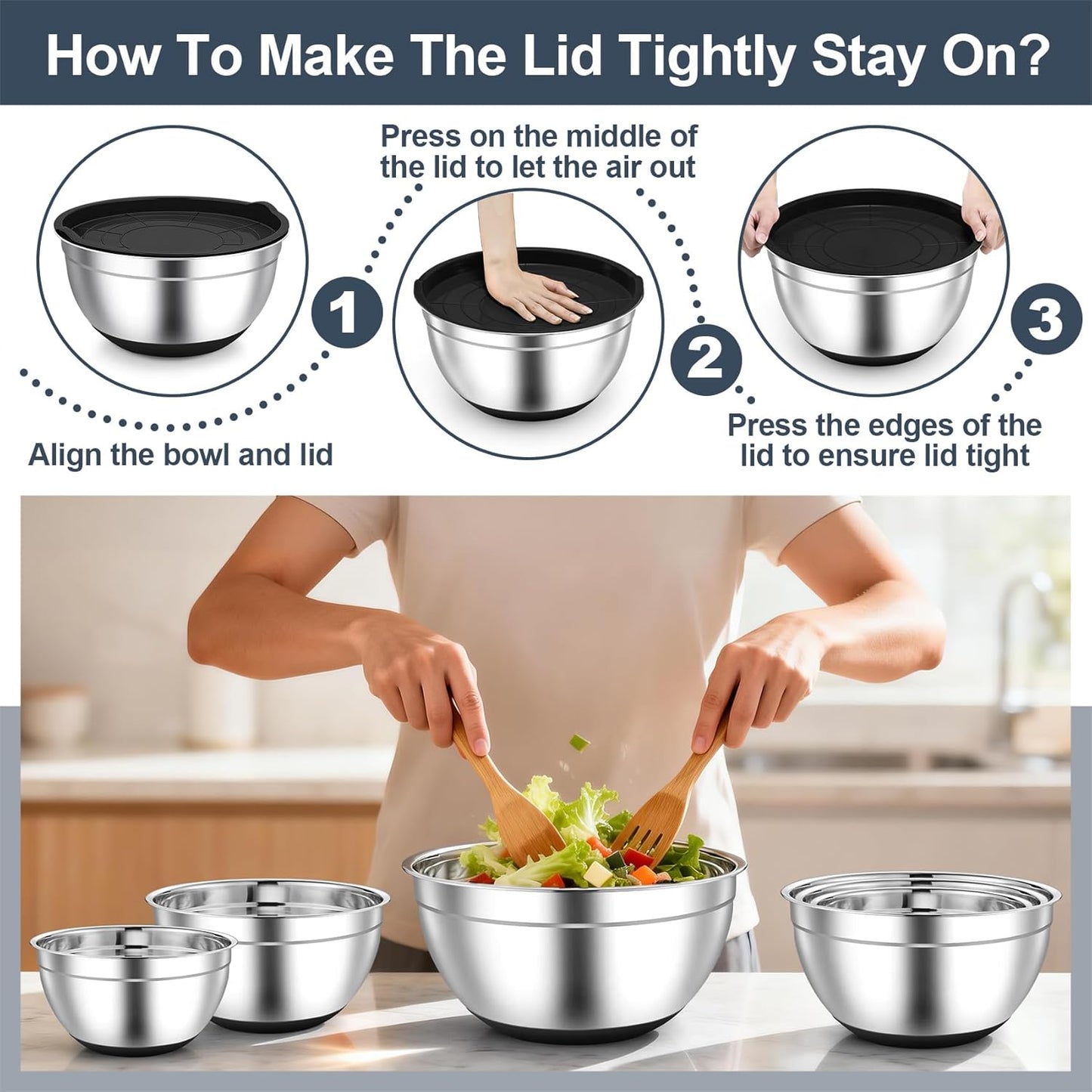 TeamFar Mixing Bowls, Black Mixing Bowls with Lids Set, Stainless Steel Nesting Salad Bowl with Air-tight Lid & Silicone Bottom, Non Slip & Stackable - Set of 6-4.6/2.6/2 / 1.5/1 / 0.7 Qt
