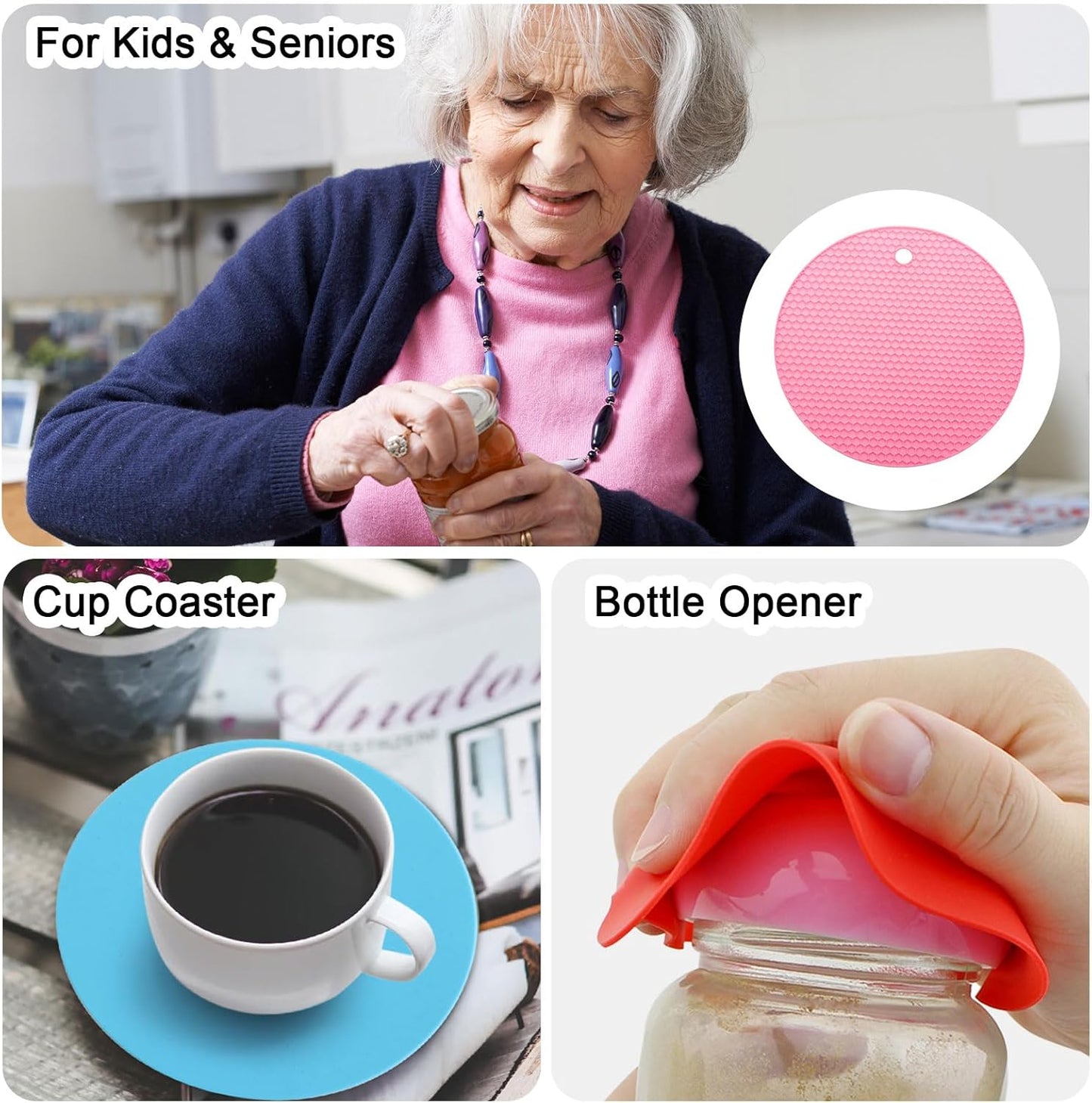 uxcell 3pcs Silicone Jar Opener Pads, 17.5cm/7" Texture Can Opener Multipurpose Round Bottle Lid Opener Non-Slip Coasters for Weak Hands Seniors Children, Orange, Blue, Gray