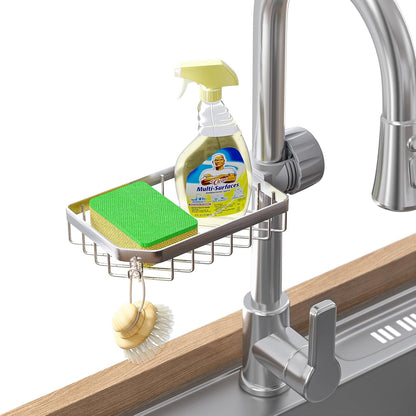 LONIN Stainless Steel Kitchen Sink Organizer Caddy – Over Faucet Sponge & Brush Holder, Rust-Resistant, Adjustable Universal Fit Faucet Rack, Quick Drain Sink Space Saver