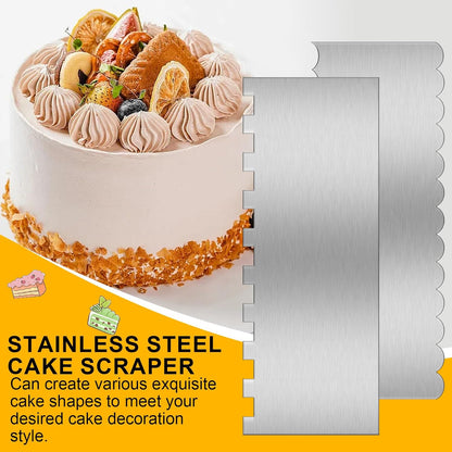 9 Inch Stainless Steel Cake Scraper Set Metal Cake Scraper Large Double Sided Patterned Stripe Edge Smoother for Mousse, Cream Decoration (2 PCS)
