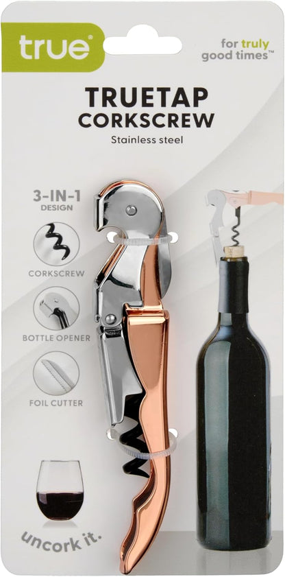 True Truetap Double Hinged Waiter's Corkscrew Wine Opener, Stainless Steel Wine Bottle Opener with Built In Foil Cutter, Home Bar Tools, Bar Cart Accessories, Wedding Gifts, Set of 1, Black