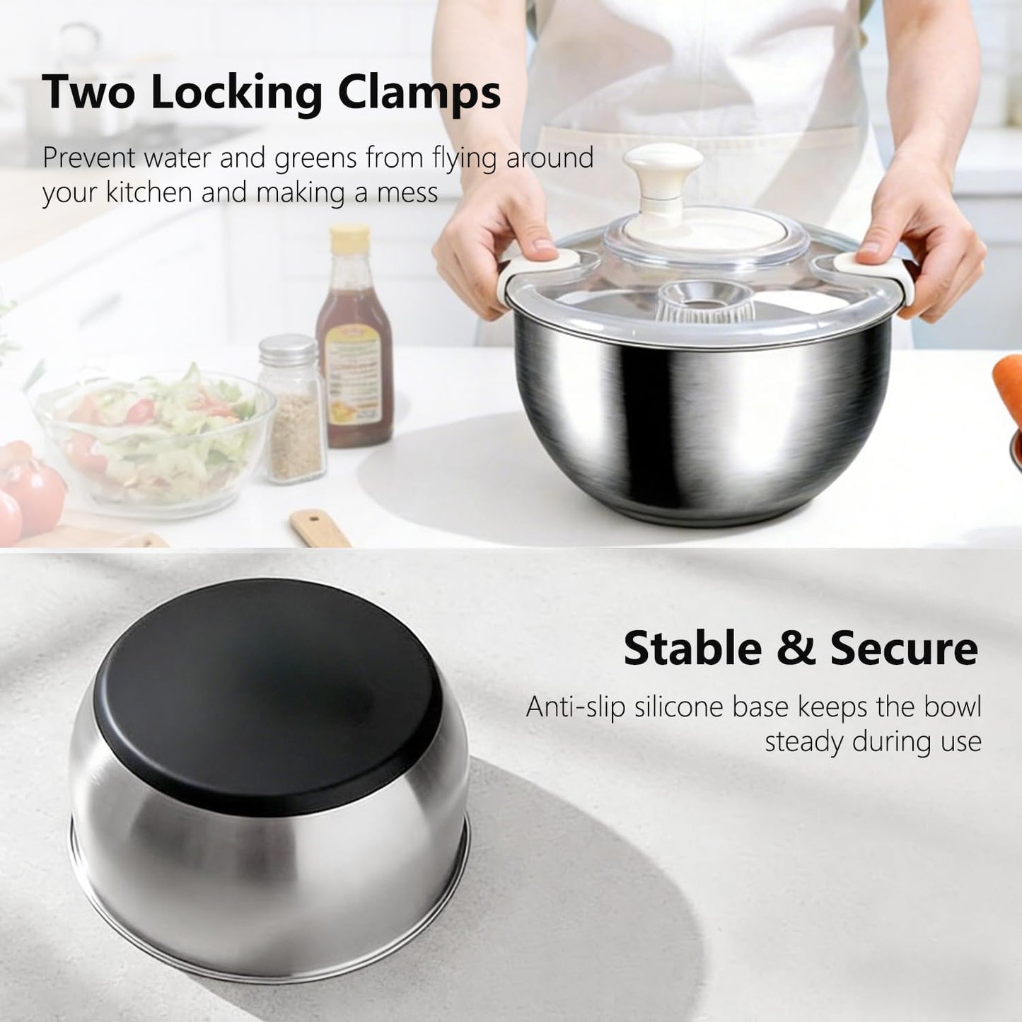 Large Salad Spinner with Storage Lid，5.29QT Stainless Steel Spin Dry Salad Greens Fruit Washing Bowl with Strainer Vegetable Cleaner washer Lettuce Spinner with slicer and julienne cutter