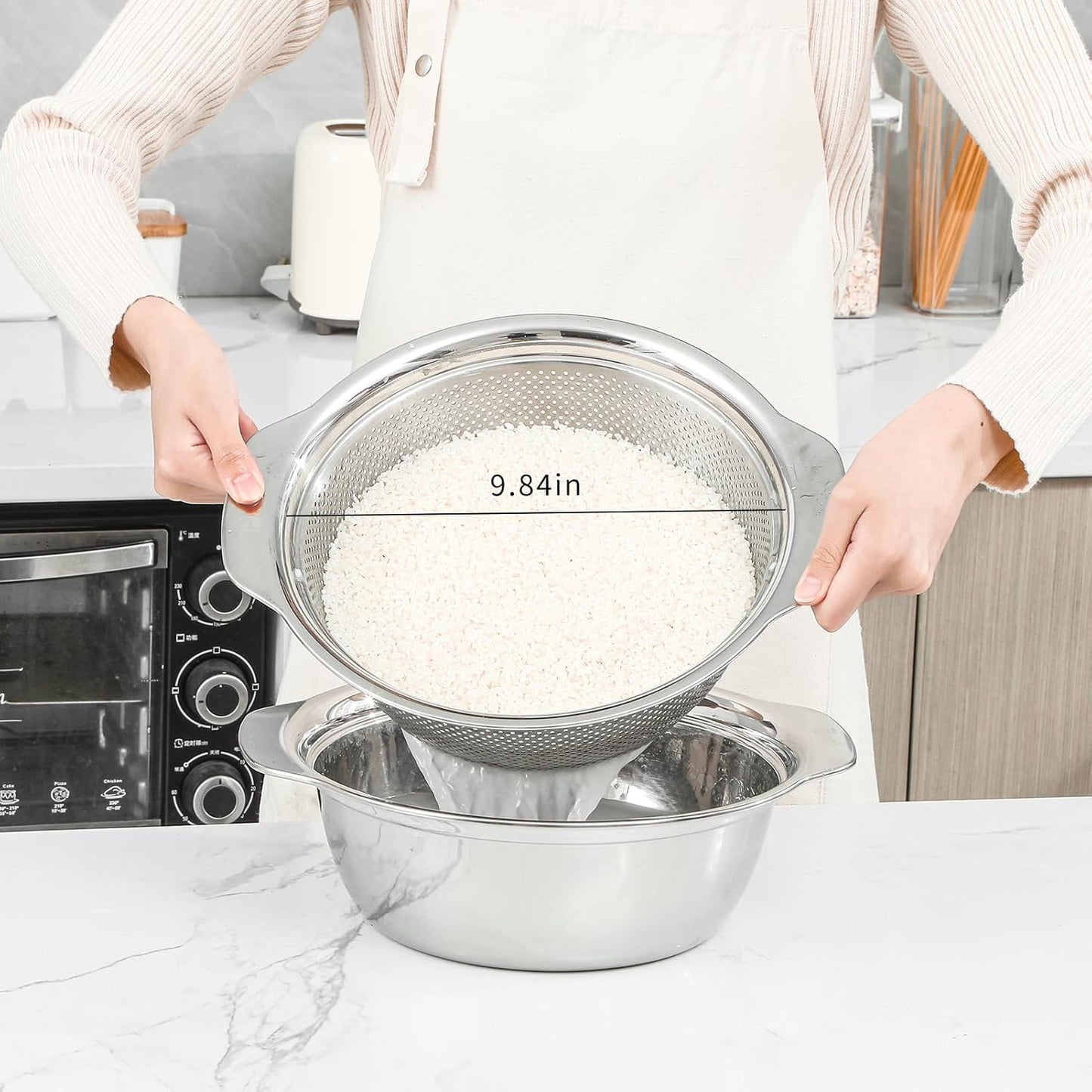 Paoli 304 Stainless Steel Fine Mesh Colander Set, 1.5QT Large Capacity Strainer with Mixing Bowl — Rinse Fruits, Veggies, Rice & Drain Pasta, Dishwasher Safe (2-Piece)