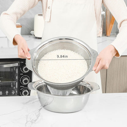 Paoli 304 Stainless Steel Fine Mesh Colander Set, 1.5QT Large Capacity Strainer with Mixing Bowl — Rinse Fruits, Veggies, Rice & Drain Pasta, Dishwasher Safe (2-Piece)