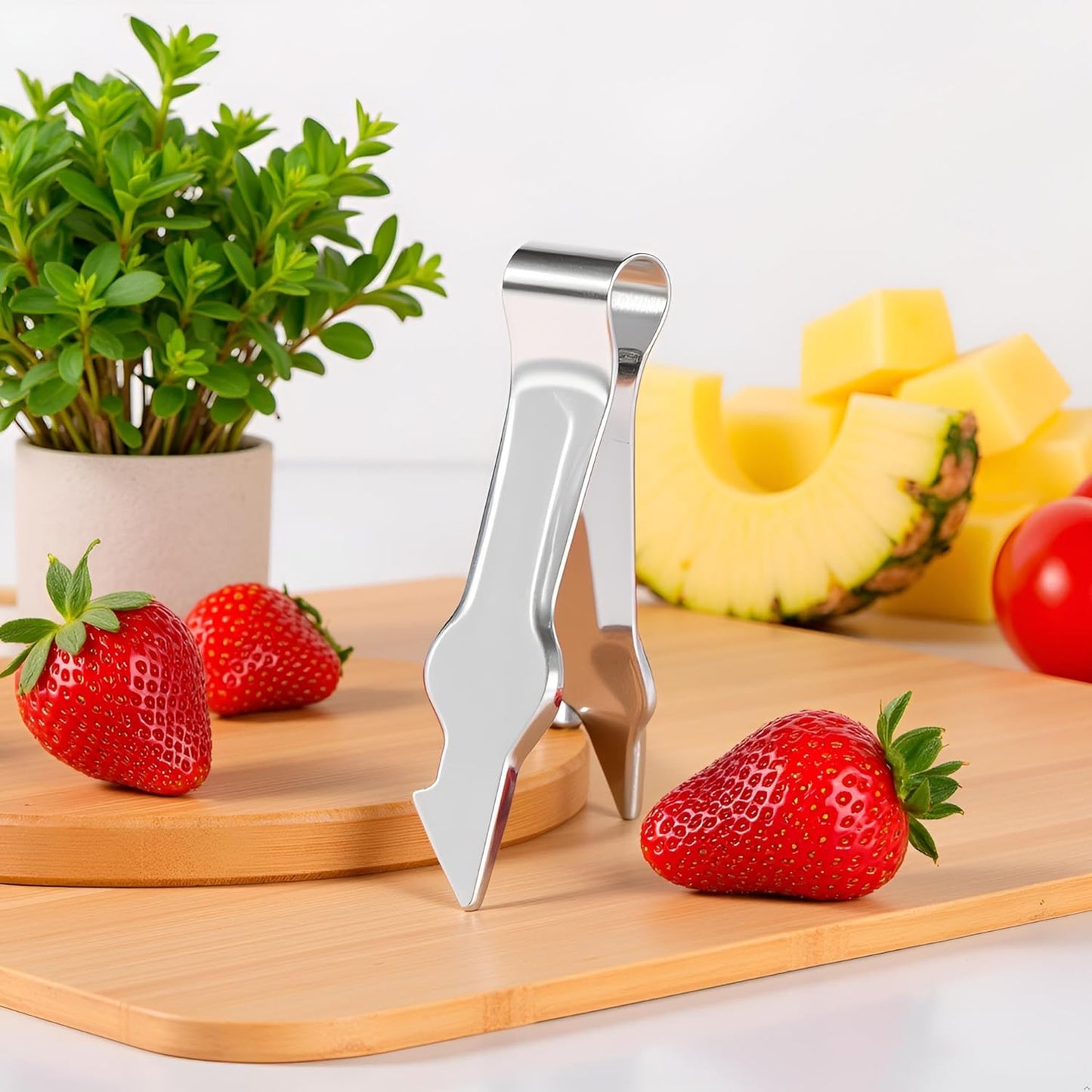 2Pcs Multi-Functional Fruit & Vegetable Stem Remover Clip, Strawberry Huller, Pineapple Eye Remover, Kitchen Gadget, Silver Stainless Steel Handle