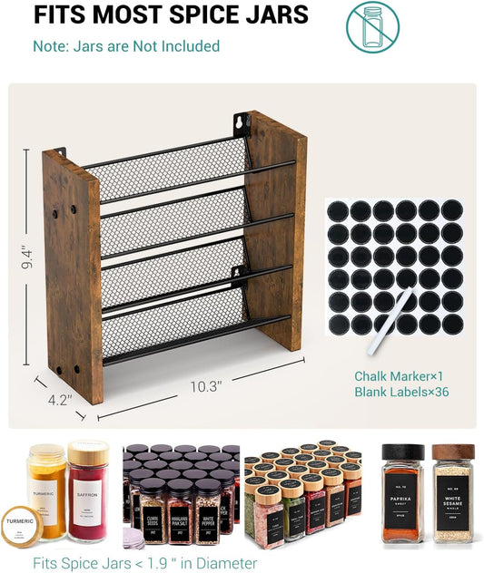 NESAPTO Spice Rack Organizer for Cabinet, Wood 4-Tier Vertical Seasoning Organizer, Wall Mount or Countertop Spice Shelf, Holds 28 Jars (No Jars Included), 14" W x 9.4" H