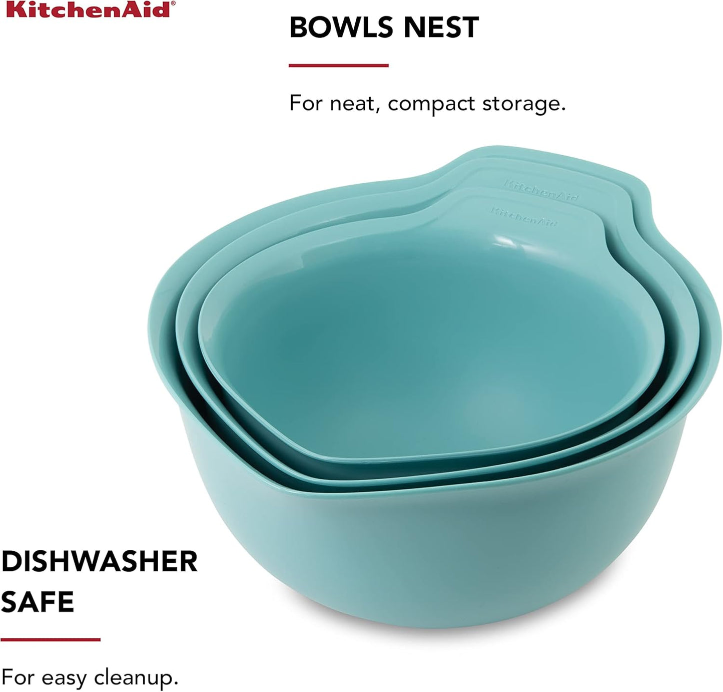 KitchenAid Universal Nesting Plastic Mixing Bowls, Set Of 3, 2.5 quart, 3.5 quart, 4.5 quart, Non Slip Base with Easy Pour Spout to Reduce Mess, Dishwasher Safe, Aqua Sky, White, Gray