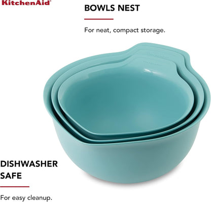 KitchenAid Universal Nesting Plastic Mixing Bowls, Set Of 3, 2.5 quart, 3.5 quart, 4.5 quart, Non Slip Base with Easy Pour Spout to Reduce Mess, Dishwasher Safe, Aqua Sky, White, Gray