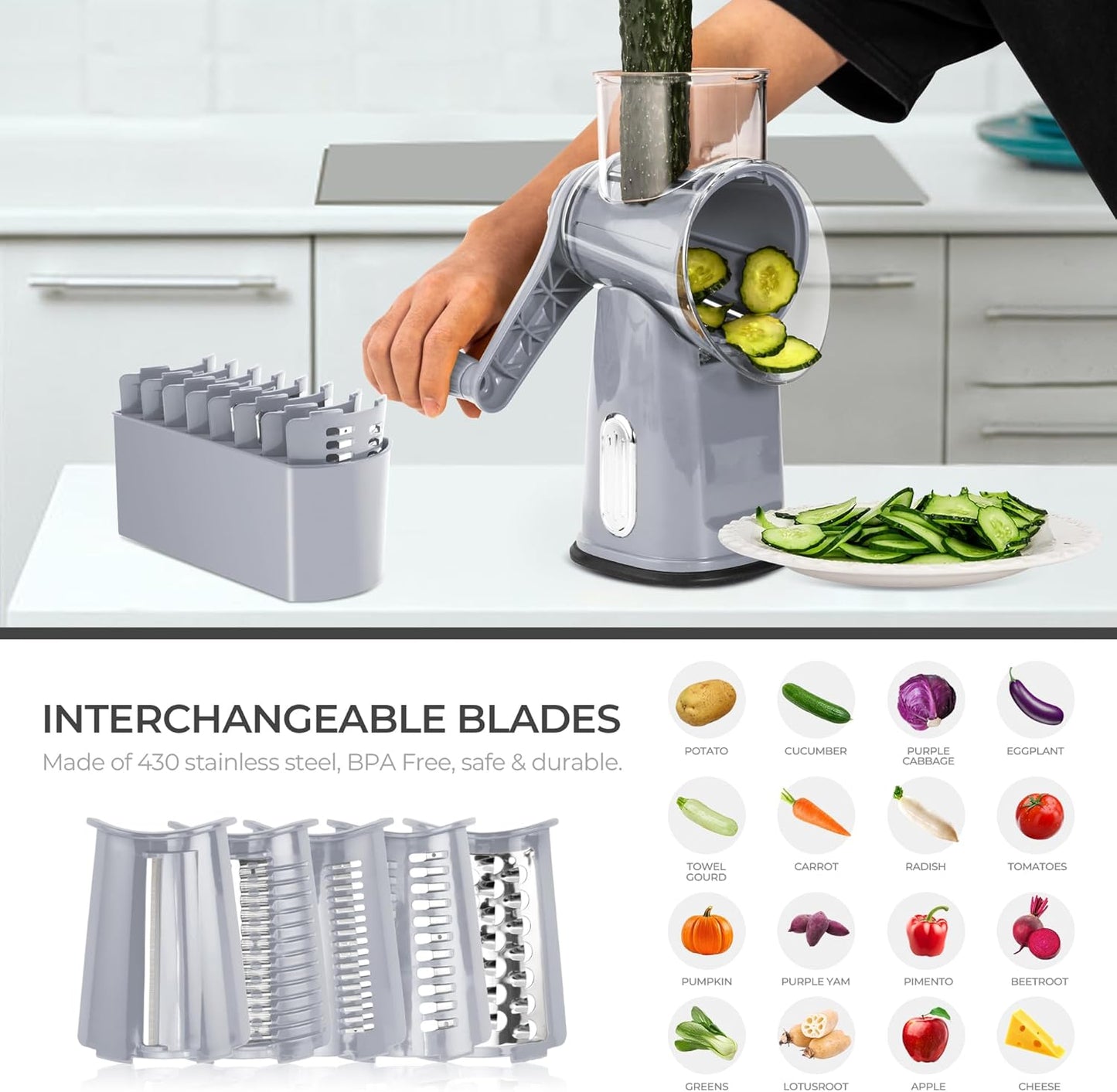 SUSTEAS Rotary Cheese Grater with Handle - Vegetable Shredder with 5 Well-designed Blades & Strong Suction Base,Round Mandoline Slicer & Food Chopper for Kitchen,with Blade Storage Box(Beige)