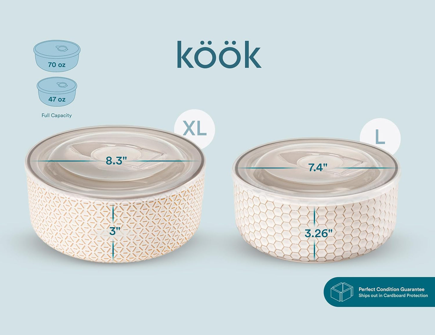 KooK Serving Bowls, with Lids, Ceramic Nesting Bowls, Set of 4, Embossed, Kitchen, Prep, Stackable, Gift, Microwave and Dishwasher Safe, 16/29/47/70 oz, Narbonne Collection (Ivory)