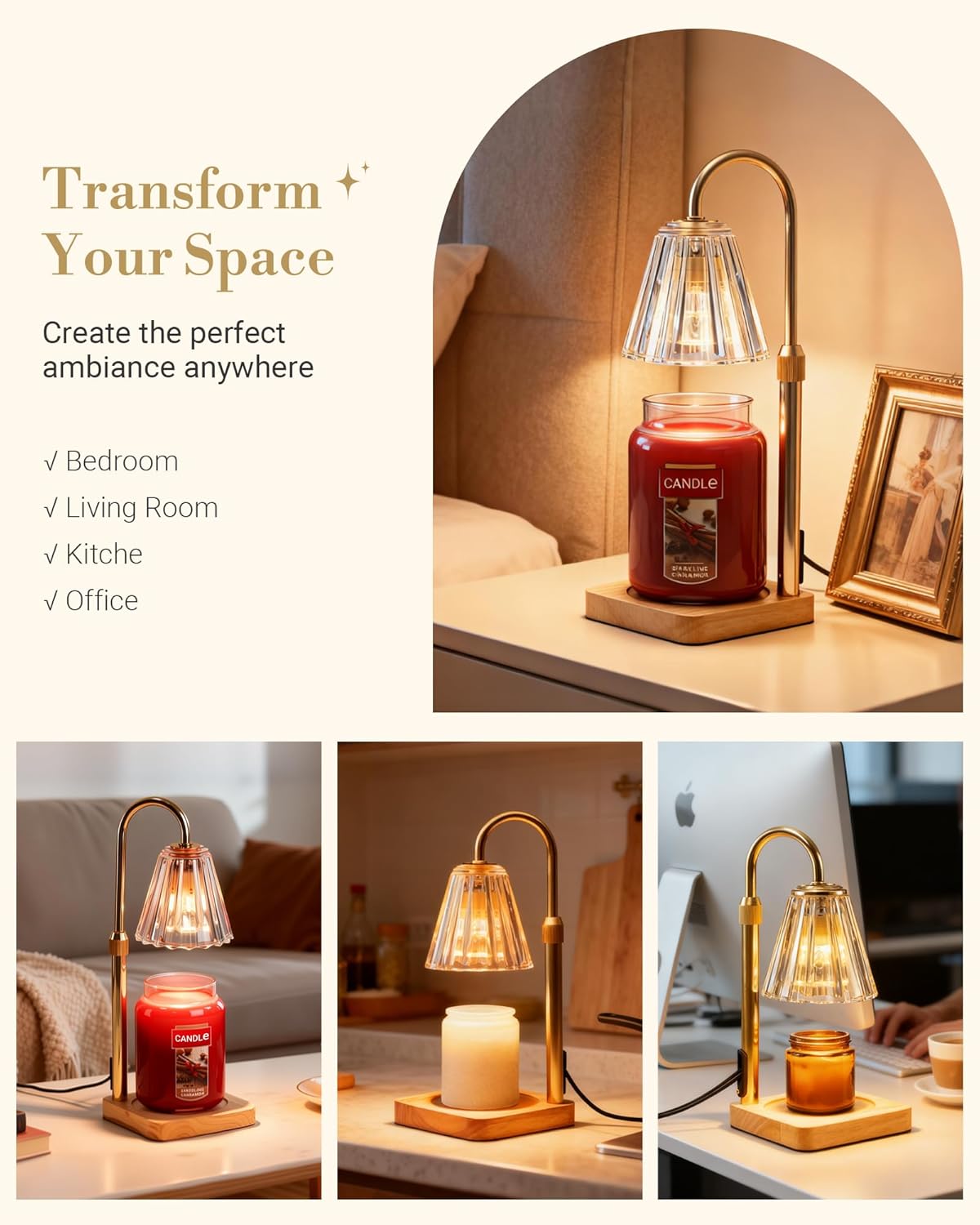 Marycele Candle Warmer Lamp with Timer & Dimmer - Mothers Day Gifts for Women Mom Her, Aesthetic Office Home Decor, Adjustable Height Wax Melter for Candle Jar & 3-Wick Candles (2 Bulbs Included)