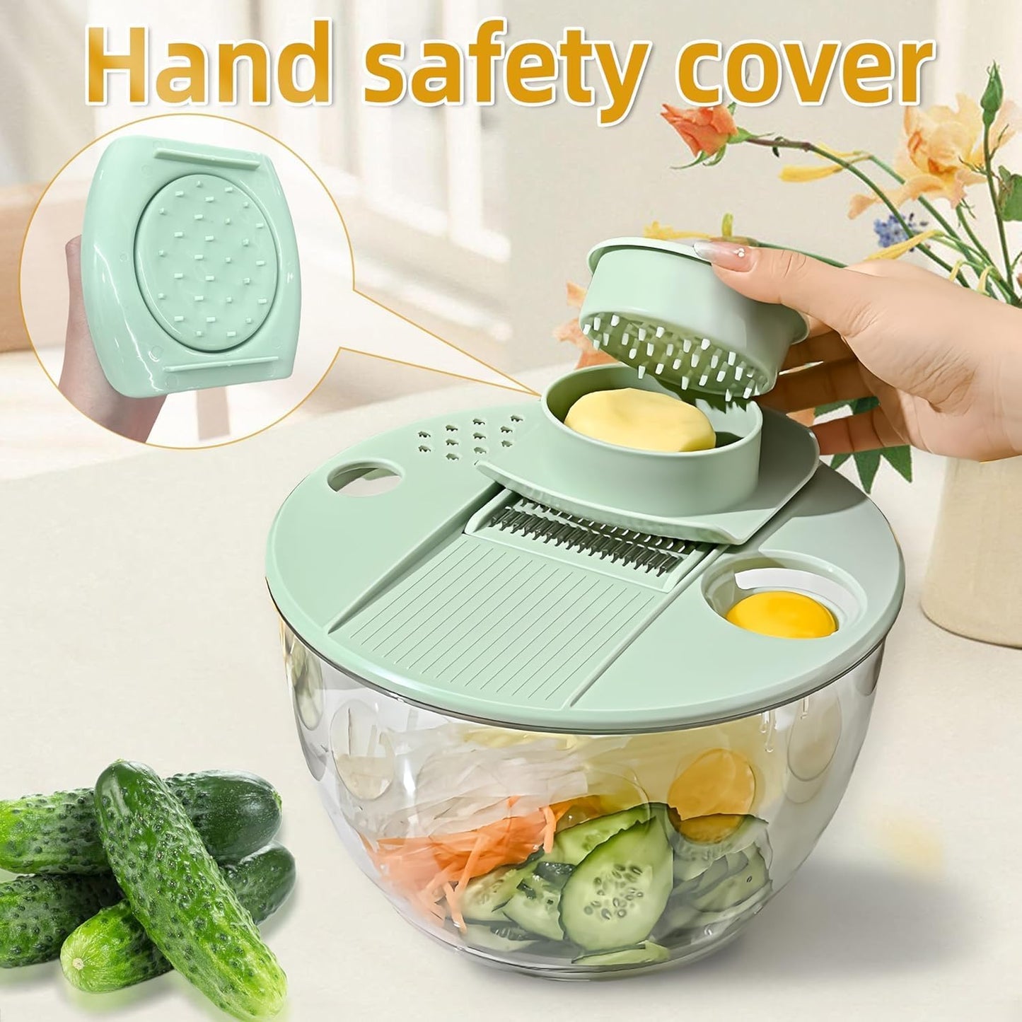 Large Capacity Multi-Function Salad Spinner with Quick Stop Button, Salad Spinner Stainless Steel, Salad Spinner Large, with 5 Blade Slicer Egg Yolk Strainer Shredder (Green)