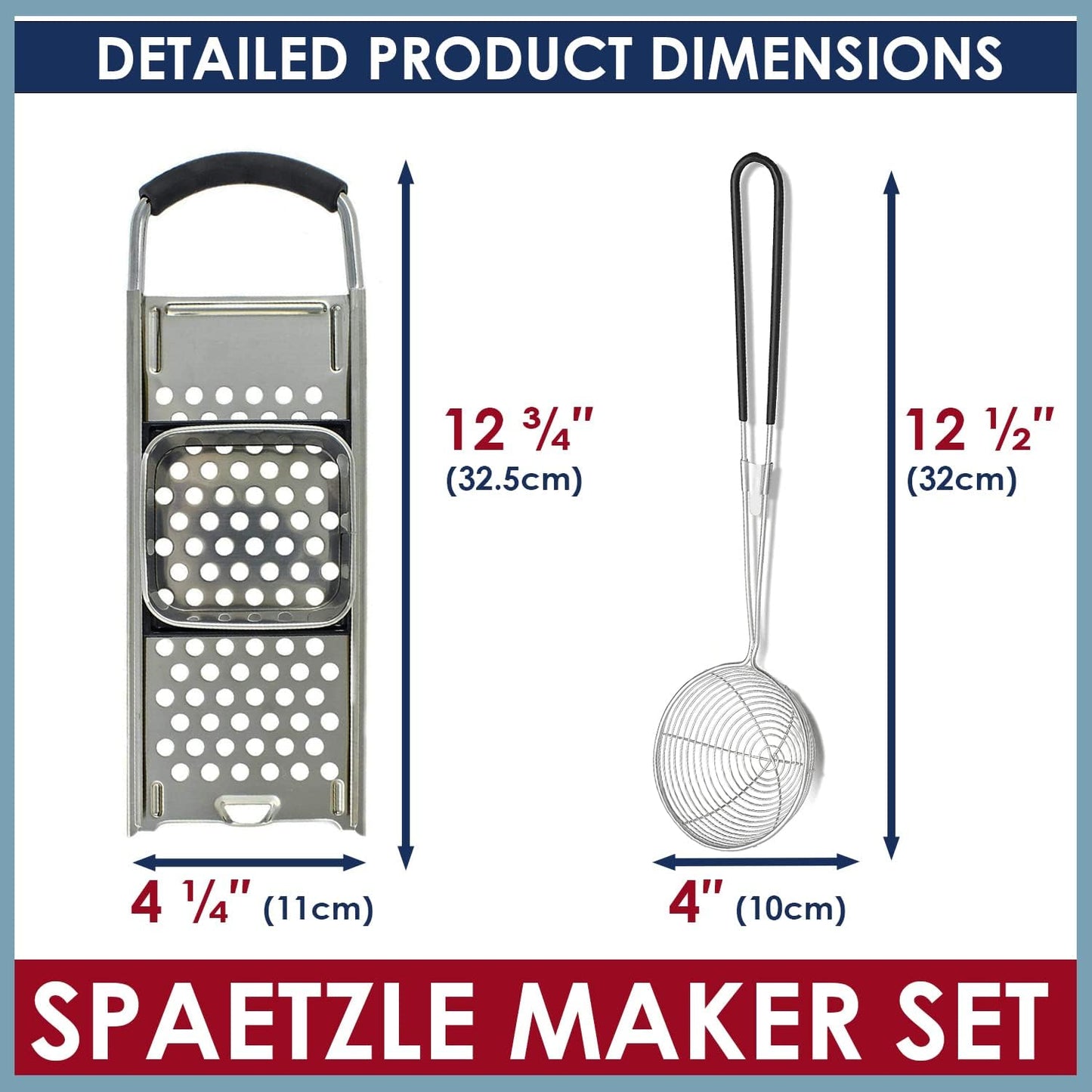 KEISSCO Stainless Steel Spaetzle Maker with Comfort Grip Handle, Homemade Traditional German Egg Noodle Dumpling Making Tool Set
