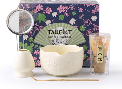 Matcha Whisk Set, 5 Pcs Ceramic Matcha Set, Matcha Kit Set Includes Matcha Bowl, Matcha Whisk and Holder, Bamboo Scoop and Sifter, Matcha Tea Set, Ideal Gift for Family/Friend (Pink)
