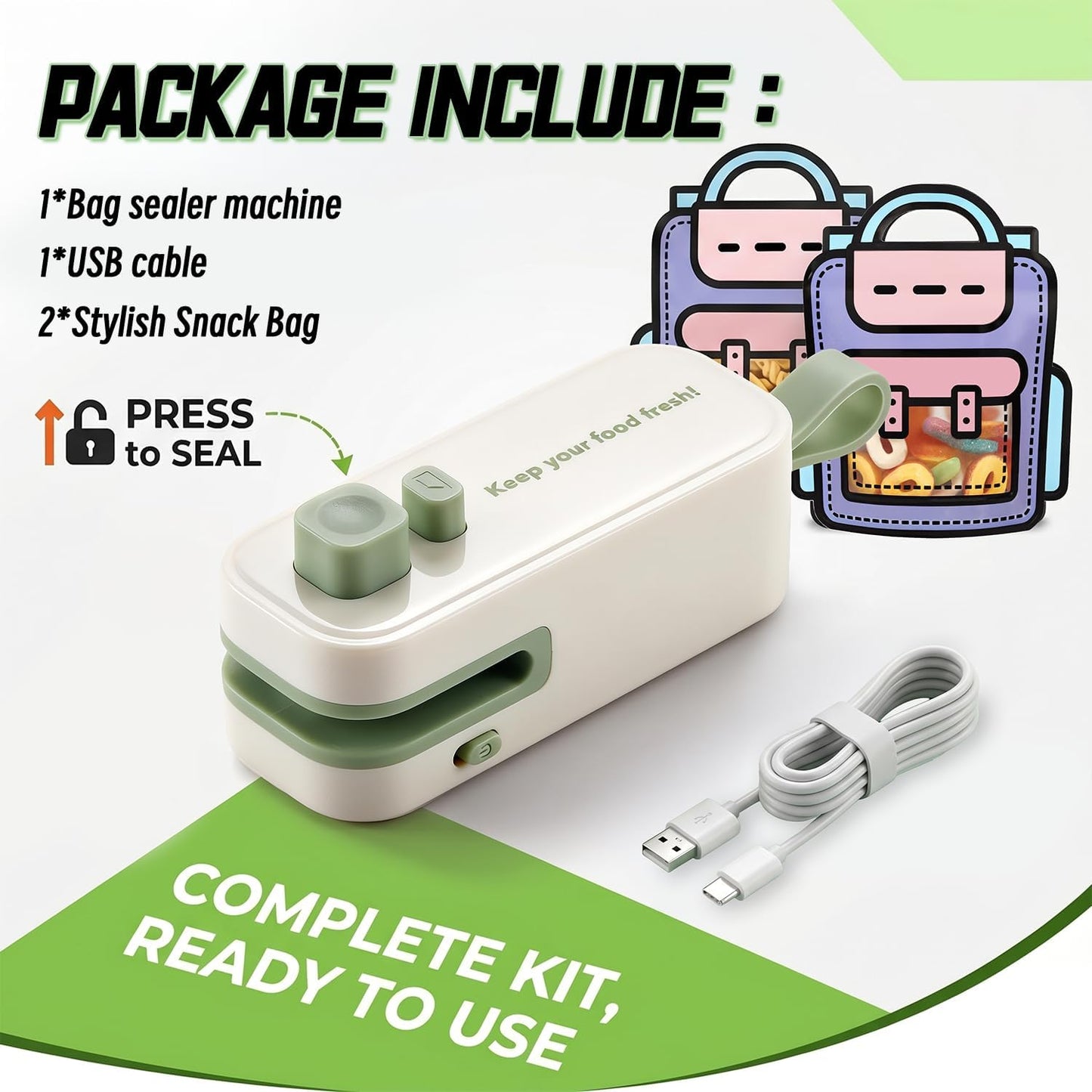 2 in 1 Mini Bag Sealer, Rechargeable Heat Sealer with Cutter and Magnet, Portable Chip Bag Resealer for Food Storage Snacks Freshness (Green)
