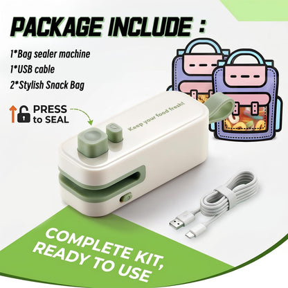 2 in 1 Mini Bag Sealer, Rechargeable Heat Sealer with Cutter and Magnet, Portable Chip Bag Resealer for Food Storage Snacks Freshness (Green)