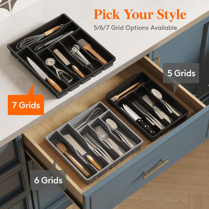 Lifewit Silverware Drawer Organizer Tray, Plastic Cutlery Storage for Kitchen, Flatware and Utensil Holder Divider for Spoons Forks Knives Tableware, 9.1 x 12.6", 5 Slots, Black