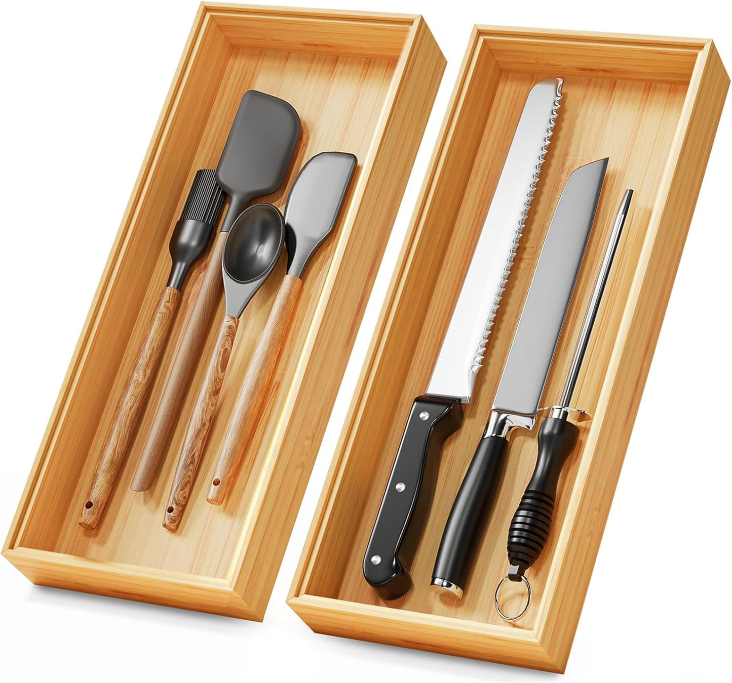 Long Bamboo Kitchen Drawer Organizer Boxes – 17" x 6" Stackable Wood Silverware Utensil Tray for Drawers Bins Cutlery & Flatware Storage – Wooden Pantry Organizers Set of 2 for Junk Drawer Bathroom Rv