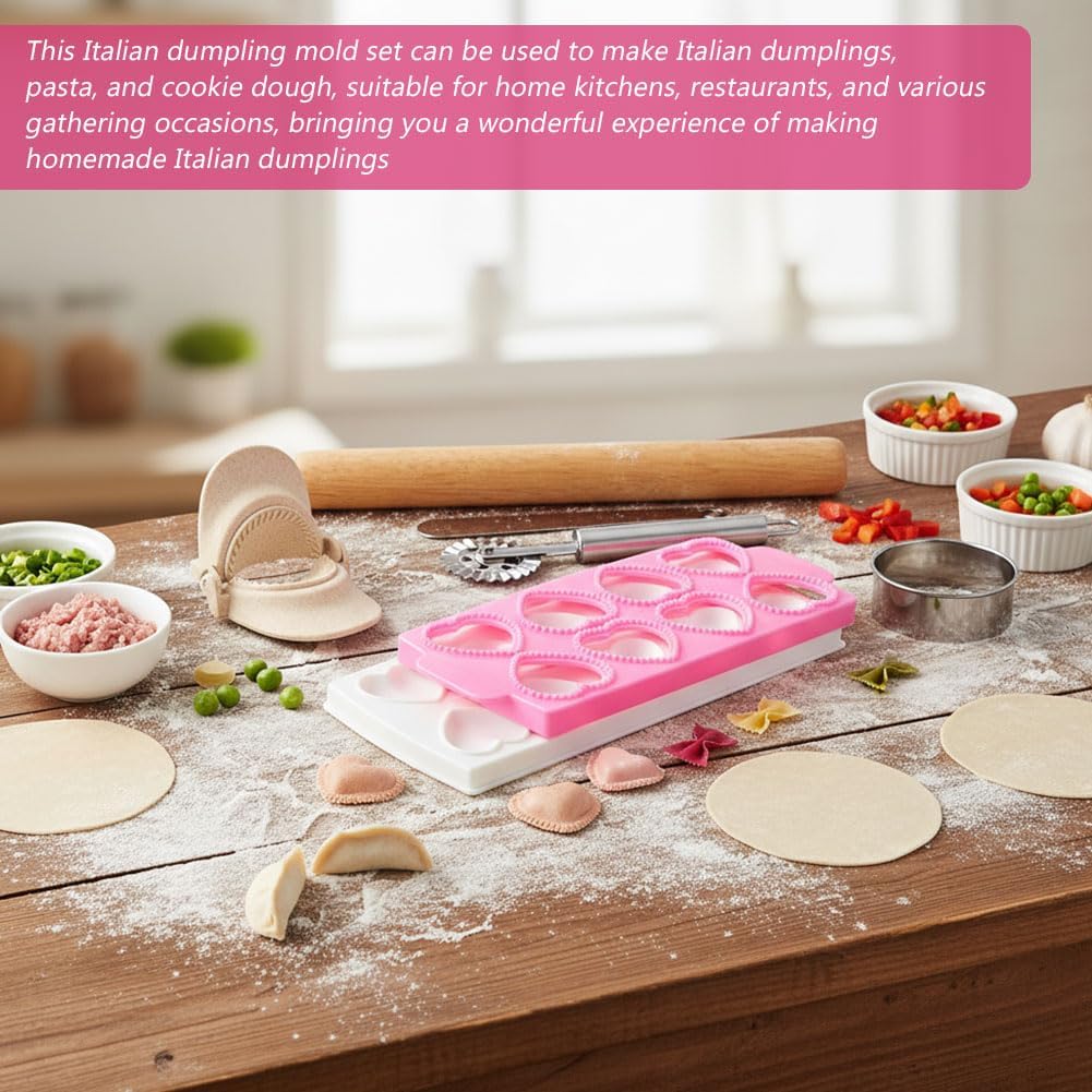 Ravioli Maker Press Ravioli Press Mold Set Heart Ravioli-Stamp Maker Cutter with Wood Rolling Pin, 2.6" Empanada Maker-Press Kit and Ravioli-Wheel, Ravioli-Stamp Making Tools