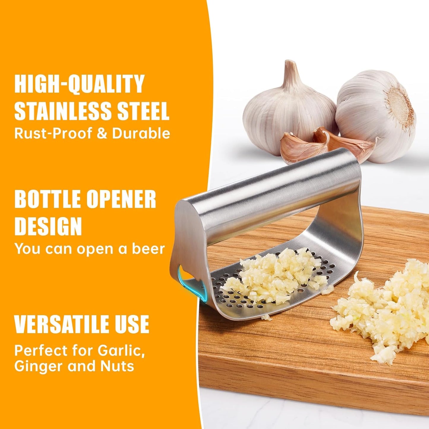 Garlic Press Rocker,Manual Crusher & Mincer with Ergonomic Handle for Easy Cleaning,Rust Proof Kitchen Tool for Ginger (Silveropen)