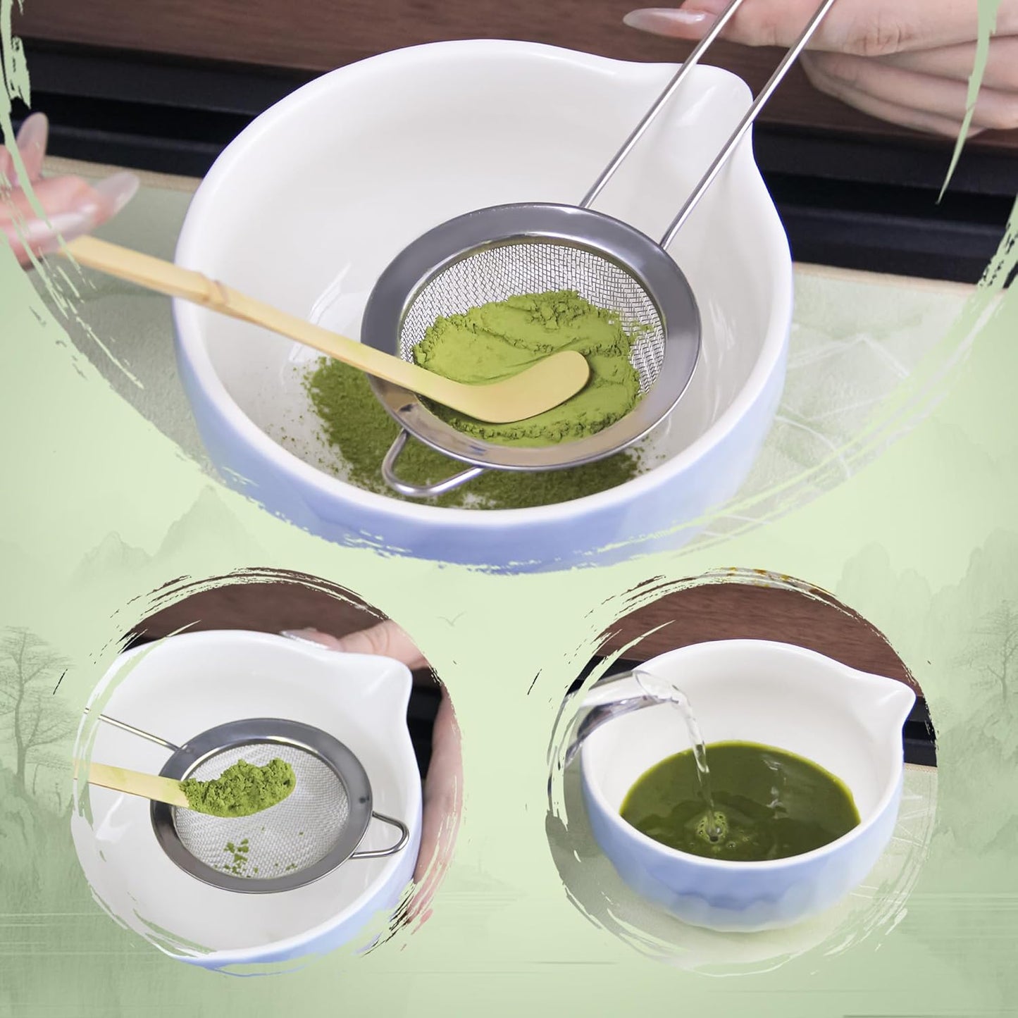 Matcha Whisk Set – Ceramic Matcha Bowl with Pour Spout, Bamboo Whisk, Whisk Holder, Scoop, Sifter – Japanese Matcha Kit for Beginners (Blue)