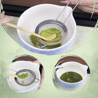 Matcha Whisk Set – Ceramic Matcha Bowl with Pour Spout, Bamboo Whisk, Whisk Holder, Scoop, Sifter – Japanese Matcha Kit for Beginners (Blue)