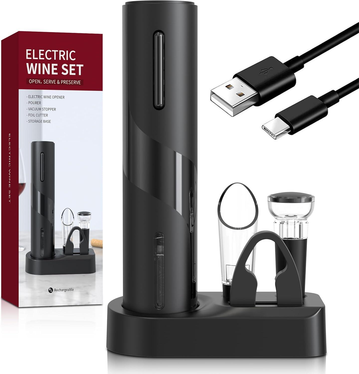 Liuzouwin5-in-1 ElectricWine Bottle Opener Set Battery Operated Reusable Corkscrew with Storage Base, Foil Cutter, Wine Pour& Wine Stopper (Silver)