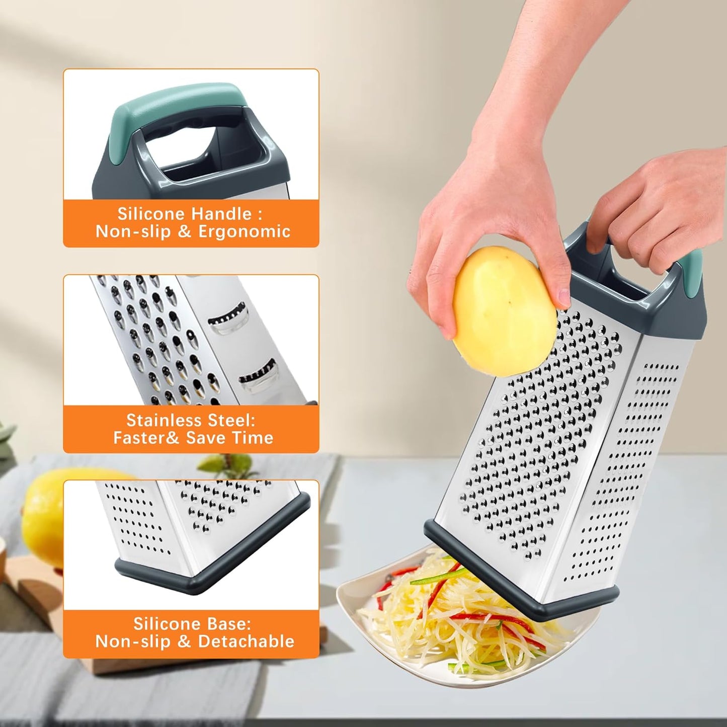 Cheese Grater, 6 Sides Box Graters for Kitchen, Stainless Steel Food Shredders for Cheese Vegetables Potatoes Carrot (Pink Handle)