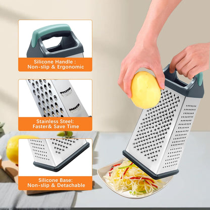 Cheese Grater, 6 Sides Box Graters for Kitchen, Stainless Steel Food Shredders for Cheese Vegetables Potatoes Carrot (Pink Handle)