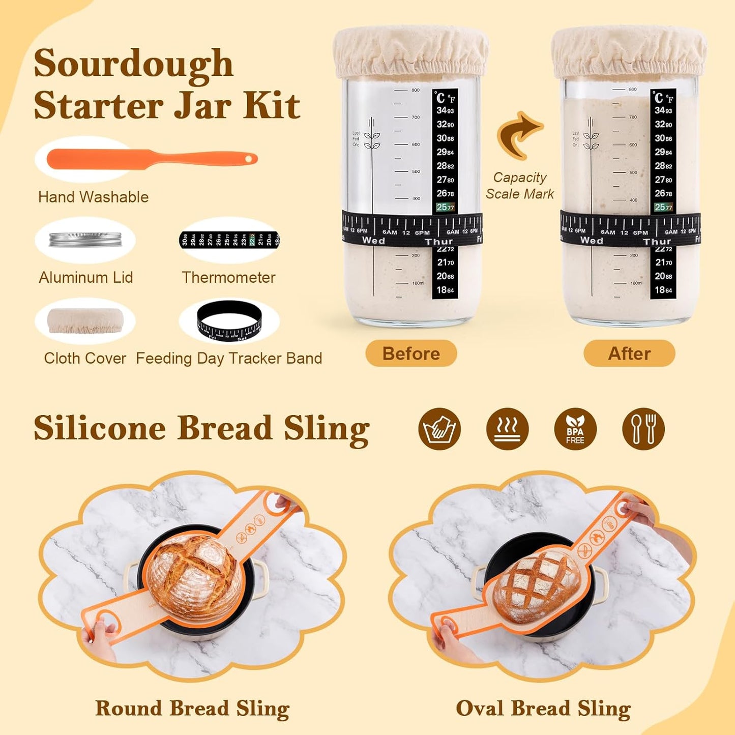 Sourdough Starter Kit with Banneton Bread Proofing Basket Set, 9" Round & 10" Oval Proofing Basket, Sourdough Bread Baking Supplies with Starter Jar, Bread Lame, Dough Whisk and Baking Tools