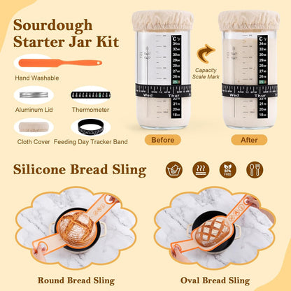 Sourdough Starter Kit with Banneton Bread Proofing Basket Set, 9" Round & 10" Oval Proofing Basket, Sourdough Bread Baking Supplies with Starter Jar, Bread Lame, Dough Whisk and Baking Tools