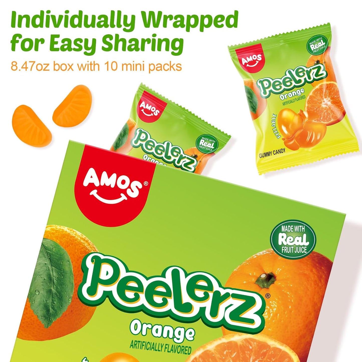 AMOS Peelerz Peelable Gummy Candy Variety Pack, Mango White Peach Banana Green Apple Passion Fruit Lychee, Soft Chewy Fruit Snack, Pack of 6