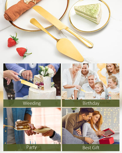 2-Piece Premium Cake Cutting Set, Exquisite Knife and Server with Serrated Design, Includes Cake Knife and Pie Spatula for Pastry, Pizza and Desserts (Gold)