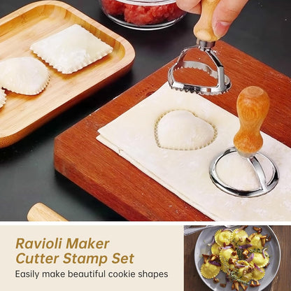[14 Pieces Upgraded] Ravioli Pasta Cutter Wheel Set, Ravioli Maker Cutter with Roller Wheel with Wooden Handle, Pasta Press Wheel Pasta Tools For Pasta Making Dumplings, Pierogi (14-Pcs Set)