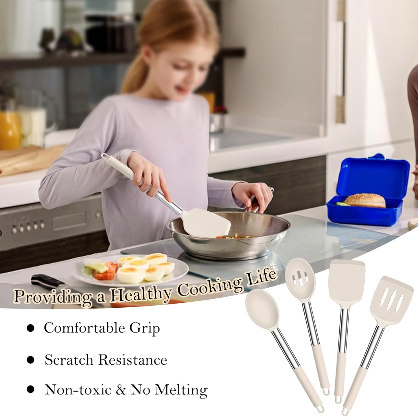 TeamFar Kitchen Utensils, 4 PCS Silicone Cooking Utensils Spatula Spoon Set with Stainless Steel Handle, for Frying Mixing Draining Turning, Healthy & Heat-proof, Non-stick & Dishwasher Safe - Black