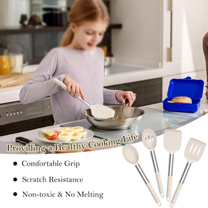 TeamFar Kitchen Utensils, 4 PCS Silicone Cooking Utensils Spatula Spoon Set with Stainless Steel Handle, for Frying Mixing Draining Turning, Healthy & Heat-proof, Non-stick & Dishwasher Safe - Black