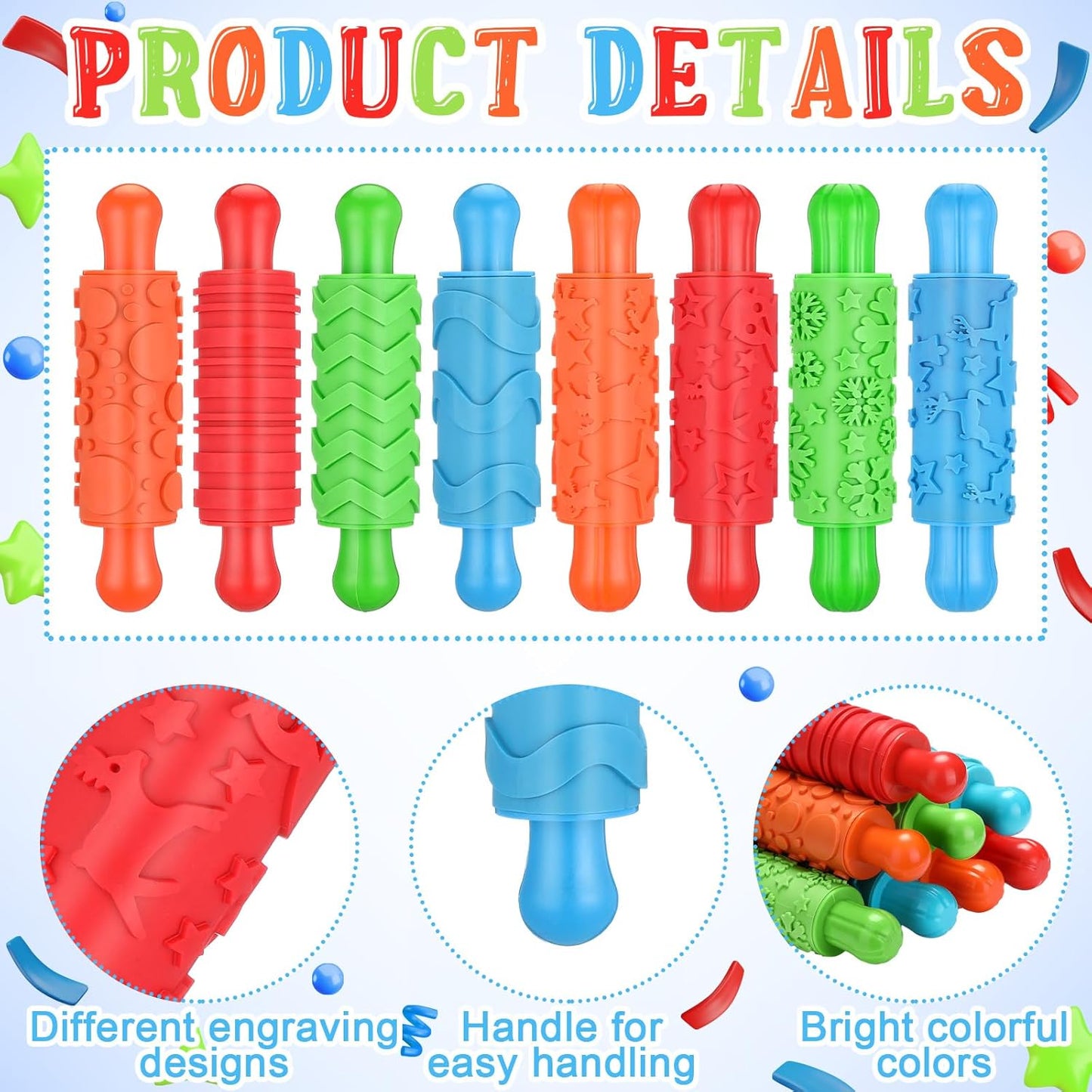 Aoriher 8 Pcs Play Clay Rollers for Kids Textured Rollers with Plastic Handles Play Clay Accessories Pattern Rolling Pins for DIY Art Signs Posters Craft Creations