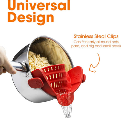 Cheer Collection Silicone Clip on Pot Strainer, Heat-resistant Snap-On Strainer for Pasta, Noodles, Rice, Meats and Vegetables, Green