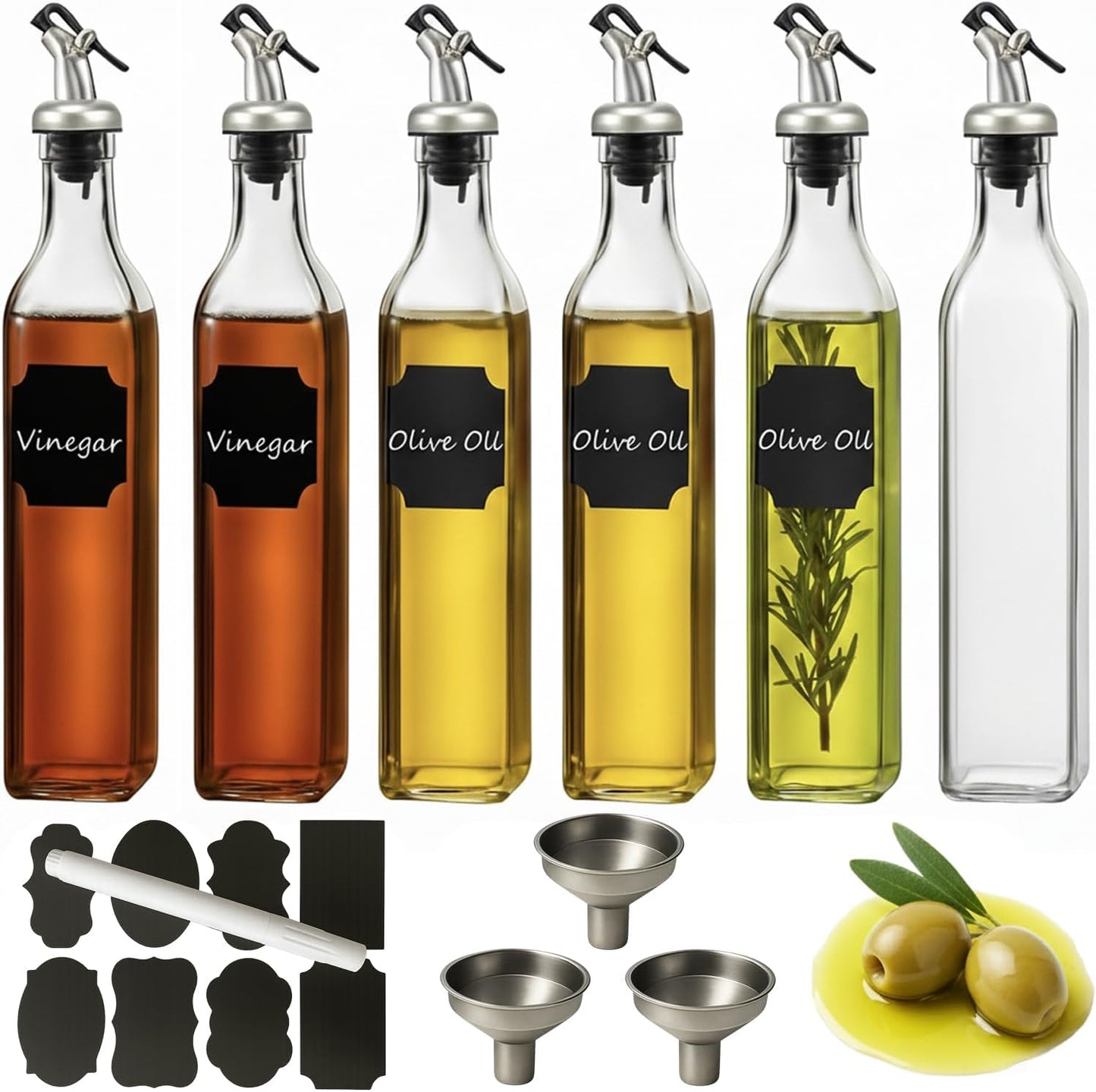 WERTIOO Olive Oil Dispenser Bottle,4Pack 17 OZ Glass Oil Dispenser for Kitchen with 4 Pourer,2 Stainless Steel Funnel & 1 Pen and 8 Label for Kitchen (500ml)