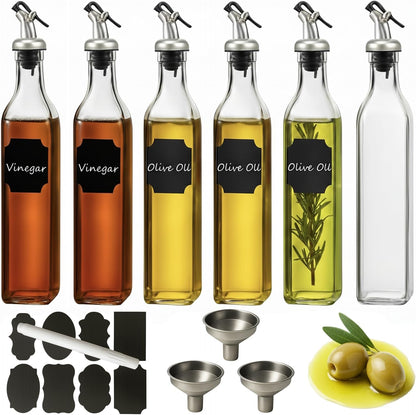 WERTIOO Olive Oil Dispenser Bottle,4Pack 17 OZ Glass Oil Dispenser for Kitchen with 4 Pourer,2 Stainless Steel Funnel & 1 Pen and 8 Label for Kitchen (500ml)