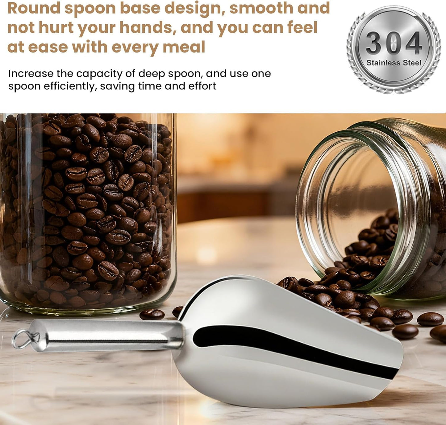 12 Oz 304 Stainless Steel Ice Scoop with Magnetic Hook - Heavy Duty Commercial Ice Shovel for Ice Maker & Freezer, Large Scooper for Bar, Kitchen, Party & Pet Food, Easy to Clean (Silver)